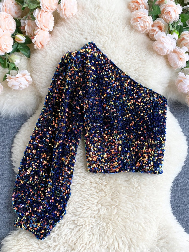 Fleur – Brokatowy Top Jedno-Ramie | Zachwycaj z Elegancją