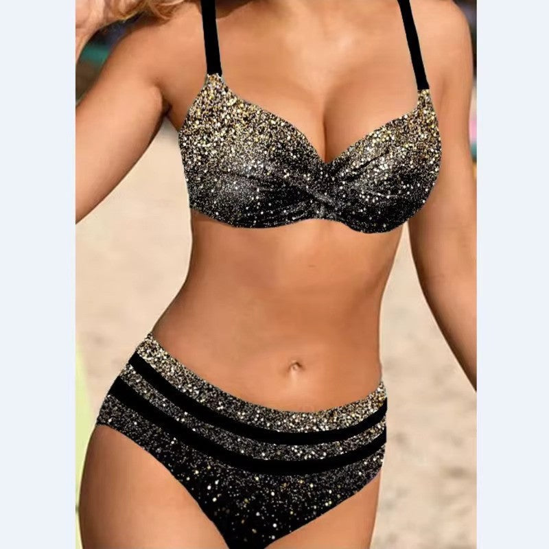 Mary - Kobiece Bikini z Wysokim Stanem Wzór Liści