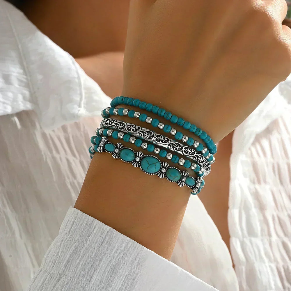 Zestaw bransoletek boho – 5 sztuk, z turkusowymi koralikami