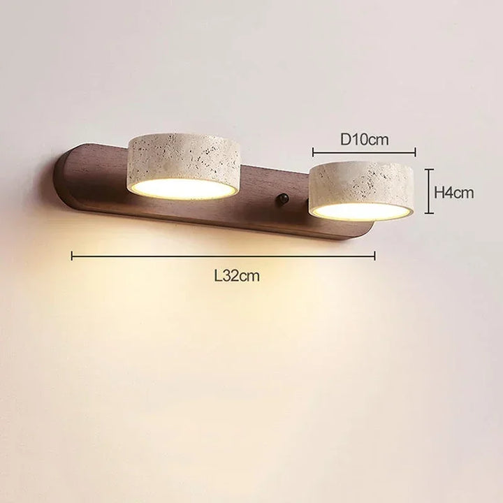 Nowoczesna lampa ścienna LED z obrotowymi kloszami z kamienia i drewnianą podstawą