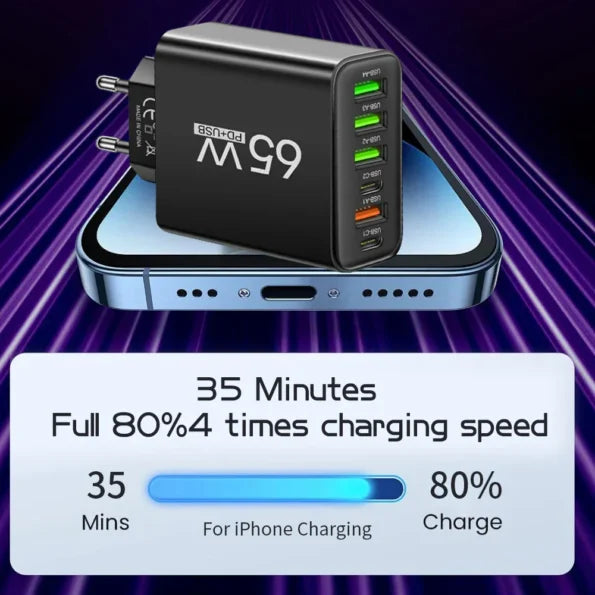 PowerMax 65W 6-w-1 szybka ładowarka – ładuje do 6 urządzeń jednocześnie – idealna do domu, biura i podróży