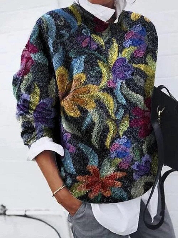 Damski sweter w kwiaty – dzianinowy pulower z fantazyjnym nadrukiem
