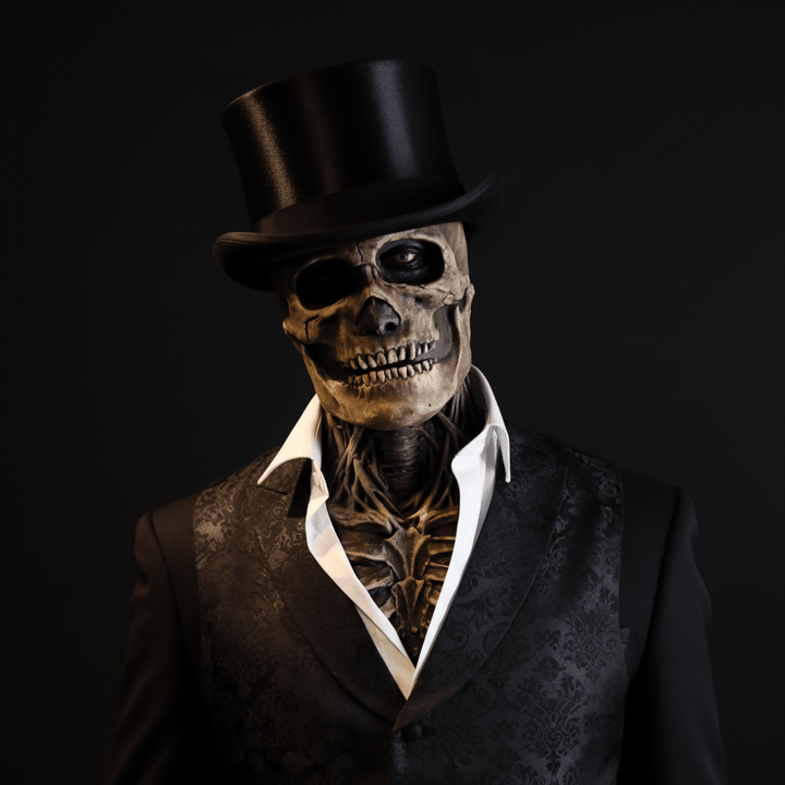GRAVEFACE – realistyczna maska szkieletu z kapeluszem na ostateczny kostium na Halloween