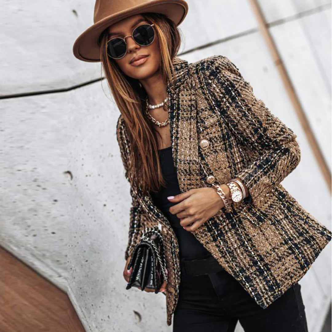 Elegancki Wzorowany Damski Blazer z Złotymi Guzikami