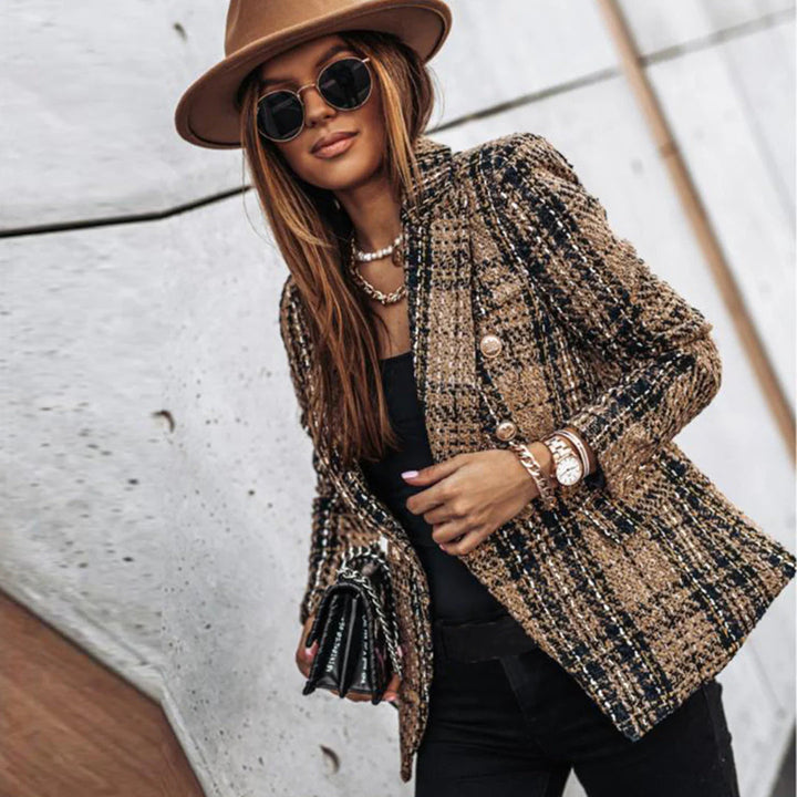 Elegancki Wzorowany Damski Blazer z Złotymi Guzikami