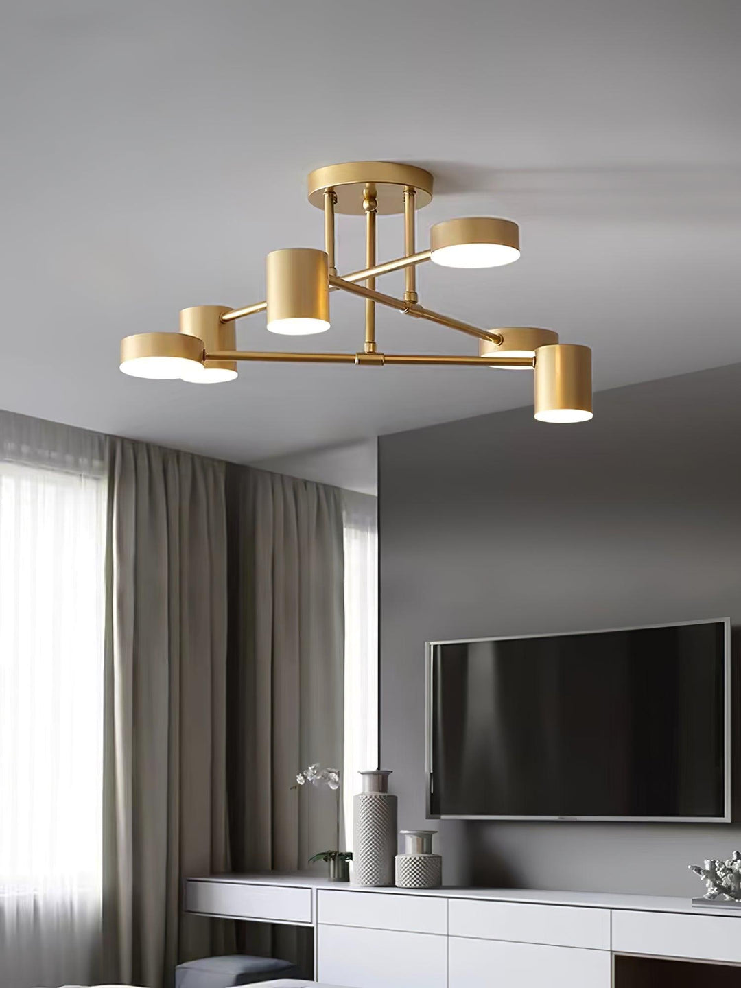 Lampa sufitowa Sputnik z krzyżującymi się ramionami i cylindrycznymi punktami świetlnymi