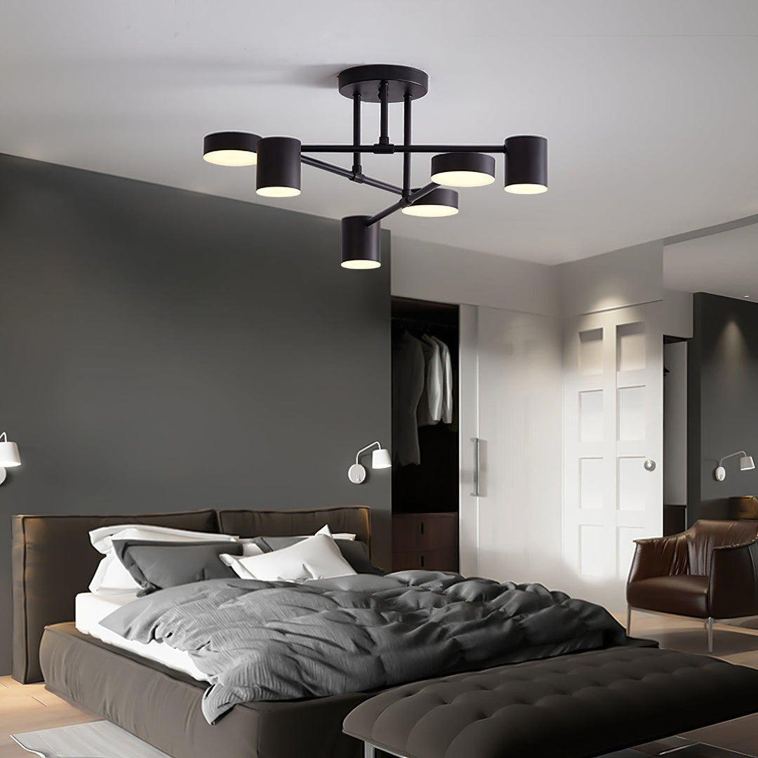 Lampa sufitowa Sputnik z krzyżującymi się ramionami i cylindrycznymi punktami świetlnymi