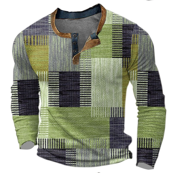Męska bluza henley z listwą guzikową i geometrycznym wzorem
