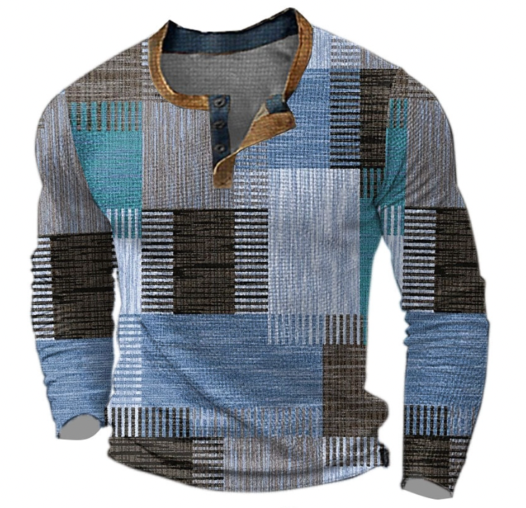 Męska bluza henley z listwą guzikową i geometrycznym wzorem