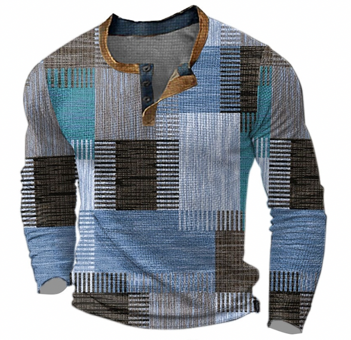 Męska bluza henley z listwą guzikową i geometrycznym wzorem