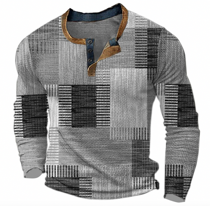 Męska bluza henley z listwą guzikową i geometrycznym wzorem
