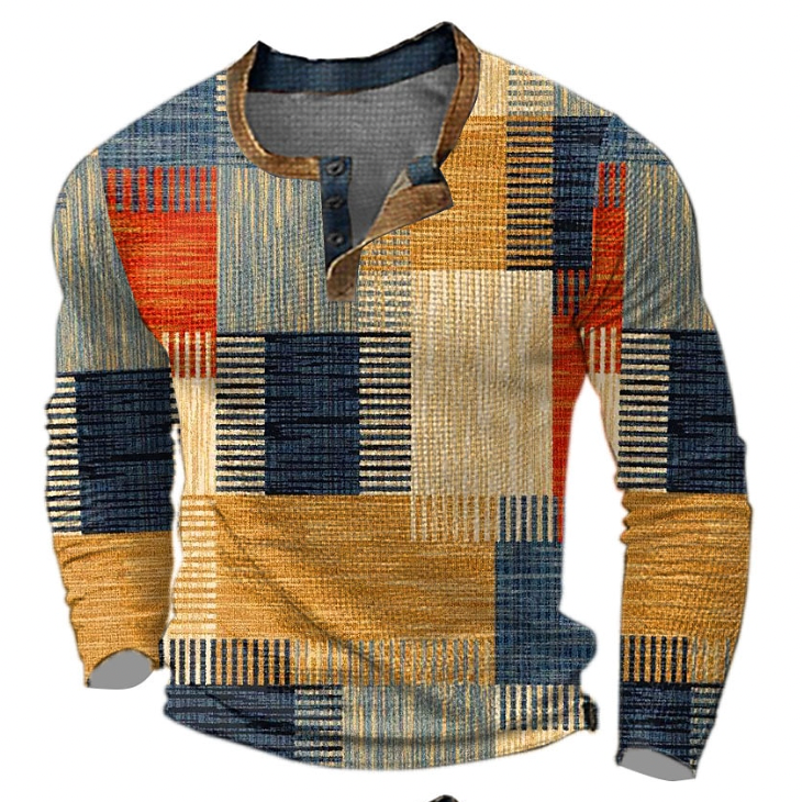 Męska bluza henley z listwą guzikową i geometrycznym wzorem