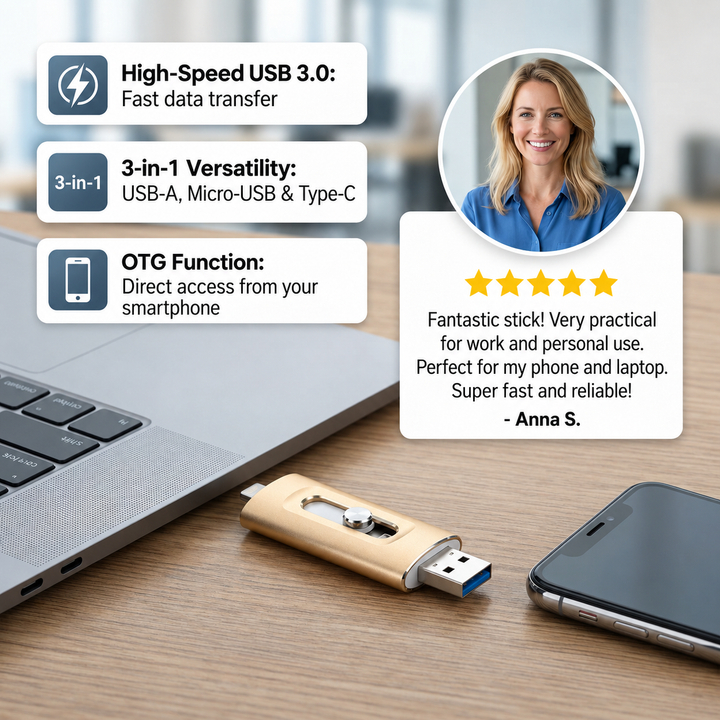 Pendrive 3 w 1 | USB 3.0 high-speed z adapterem Typ-C i OTG