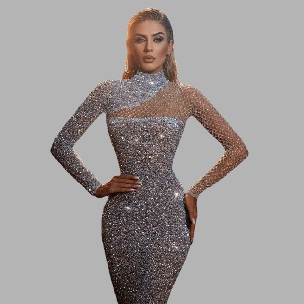 Elegancka Sukienka z Brokatu Off-Shoulder – Wyrożniający Glam na Specjalne Wydarzenia