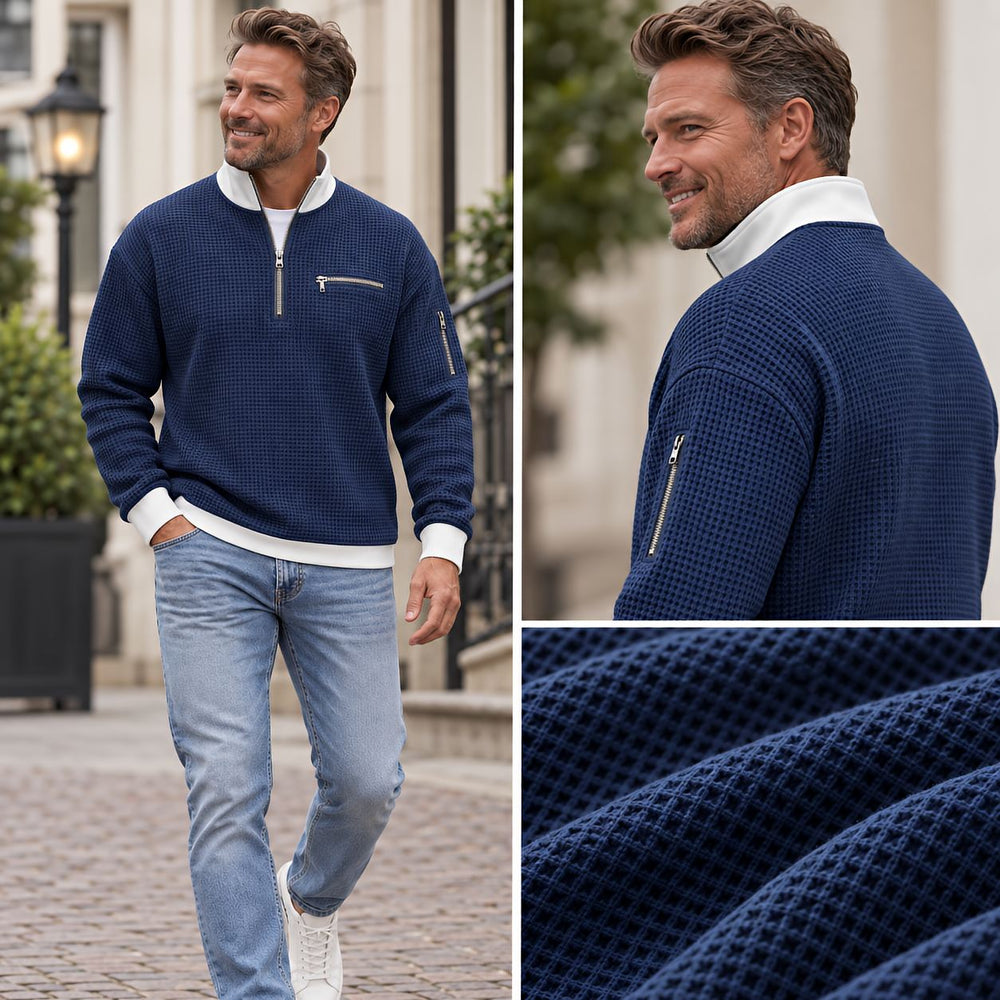 Męski sweter z dzianiny waflowej z zamkiem 1/4 przy kołnierzu