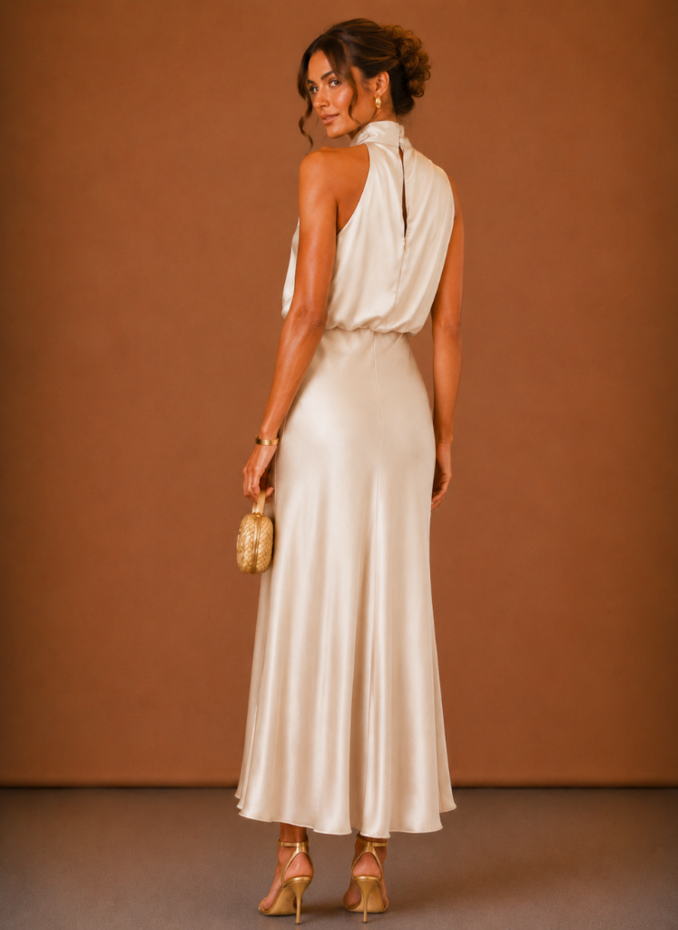 Satynowa sukienka maxi damska z wiązaniem na szyi – elegancka sukienka dla gościa weselnego