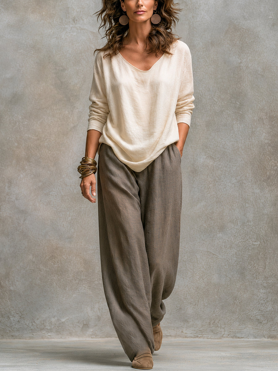 3-częściowy, zwiewny damski komplet z rozpinanym kardiganem i spodniami z szerokimi nogawkami