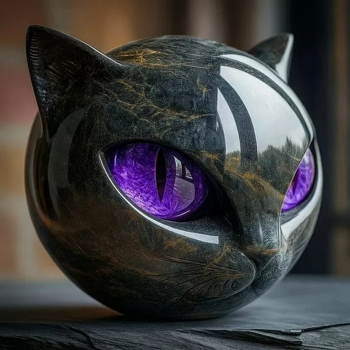 Rzeźba NoirCat – czarna głowa kota z hipnotyzującymi oczami