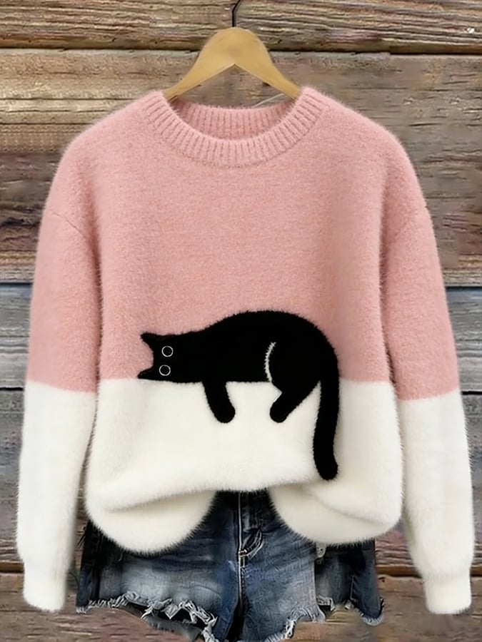 Sweter oversize z nadrukiem kota
