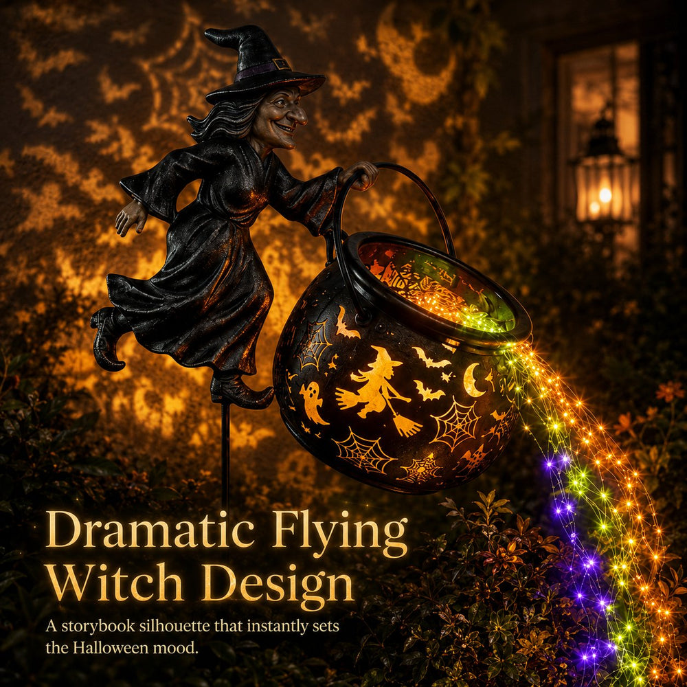 Halloweenowa lampa ogrodowa w kształcie kotła czarownicy z kolorową poświatą i przerażającymi projekcjami