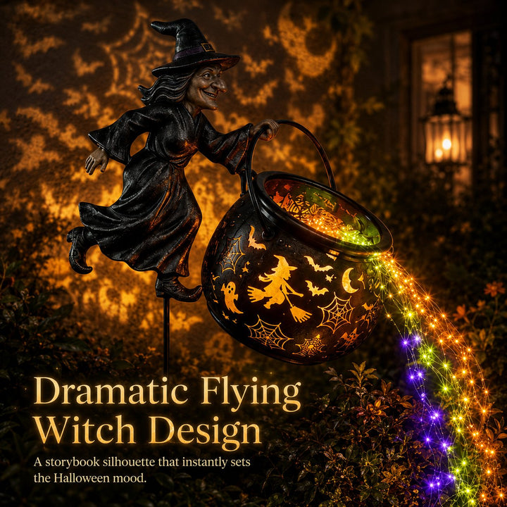 Halloweenowa lampa ogrodowa w kształcie kotła czarownicy z kolorową poświatą i przerażającymi projekcjami