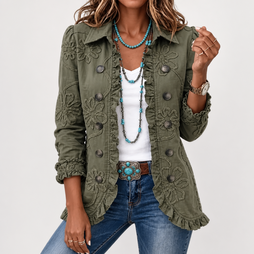 Kurtka utility z haftem kwiatowym – styl vintage boho z falbankami