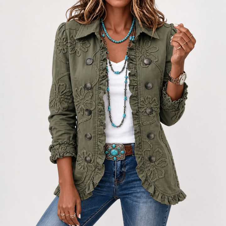 Kurtka utility z haftem kwiatowym – styl vintage boho z falbankami