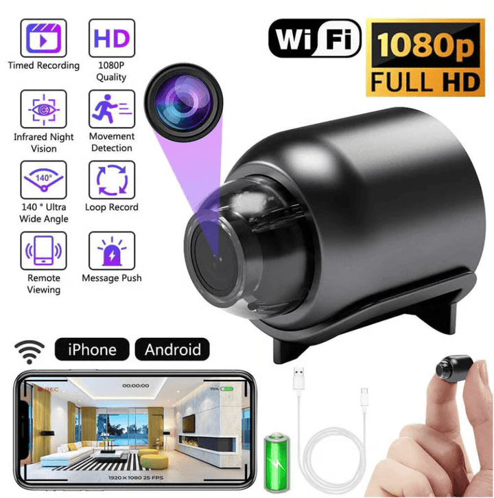 Mini kamera bezpieczeństwa WiFi 1080P HD – nagrywa obraz i dźwięk.