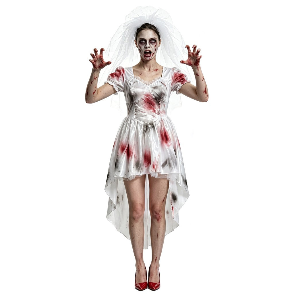 Halloweenowy kostium ducha panny młodej, biała suknia ślubna z plamami krwi, strój na imprezę o tematyce horroru i występy sceniczne, halloweenowy kostium ducha panny młodej, biała suknia ślubna z plamami krwi — zdjęcie 2
