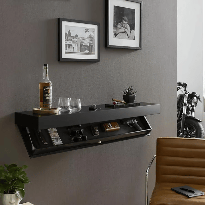Półka ścienna z litego drewna z ukrytą szufladką | minimalistyczny design