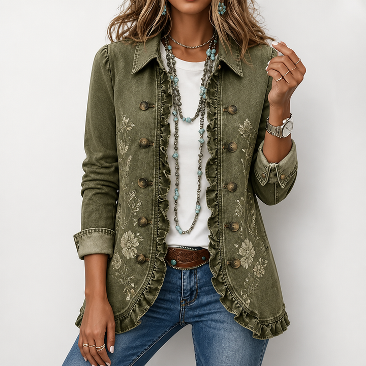 Kurtka utility z haftem kwiatowym – styl vintage boho z falbankami