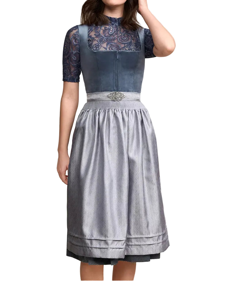 Damska dirndl z ozdobną lamówką, fartuchem i plisowaną spódnicą