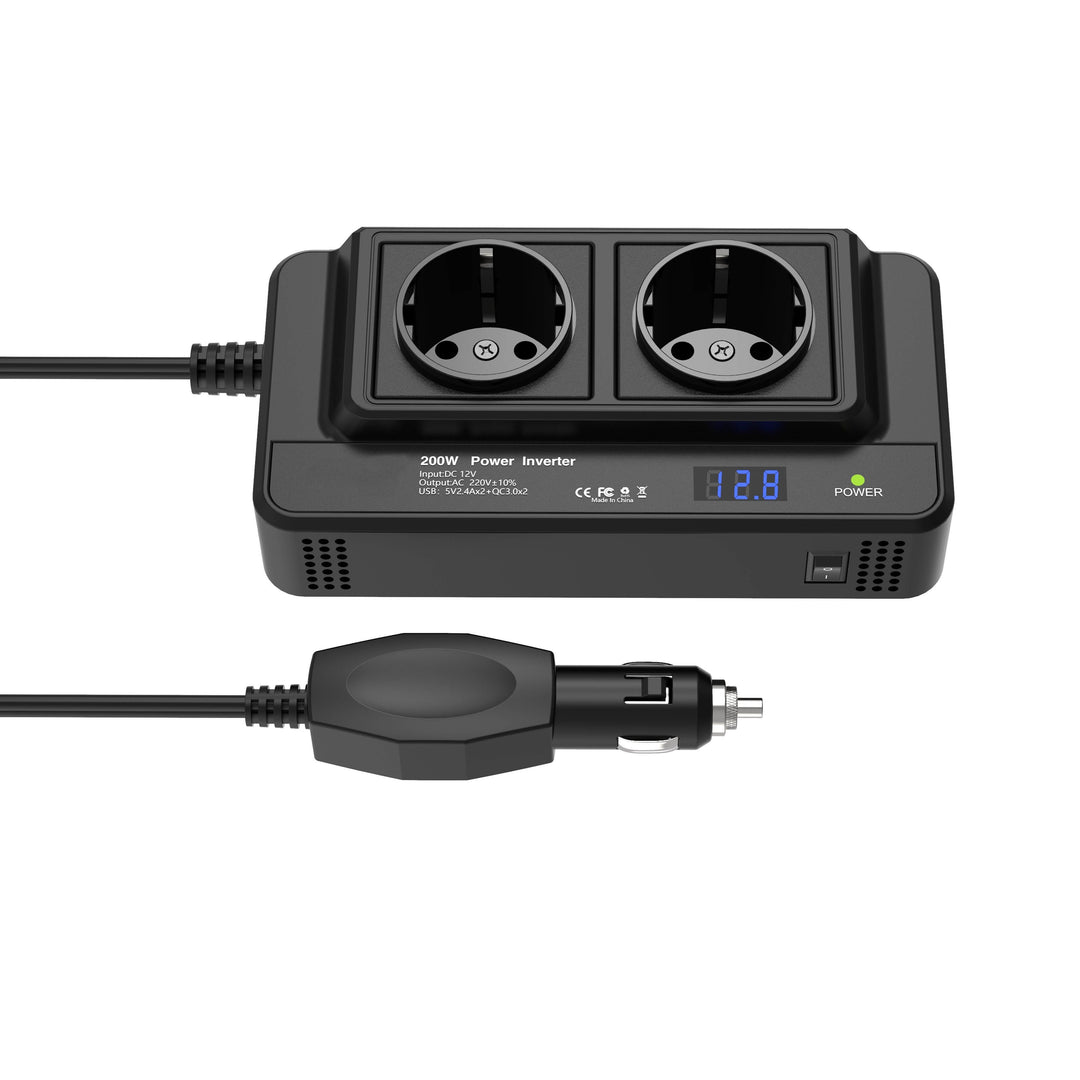 Kompaktowa przetwornica samochodowa 200 W – podwójne gniazda i cztery porty USB