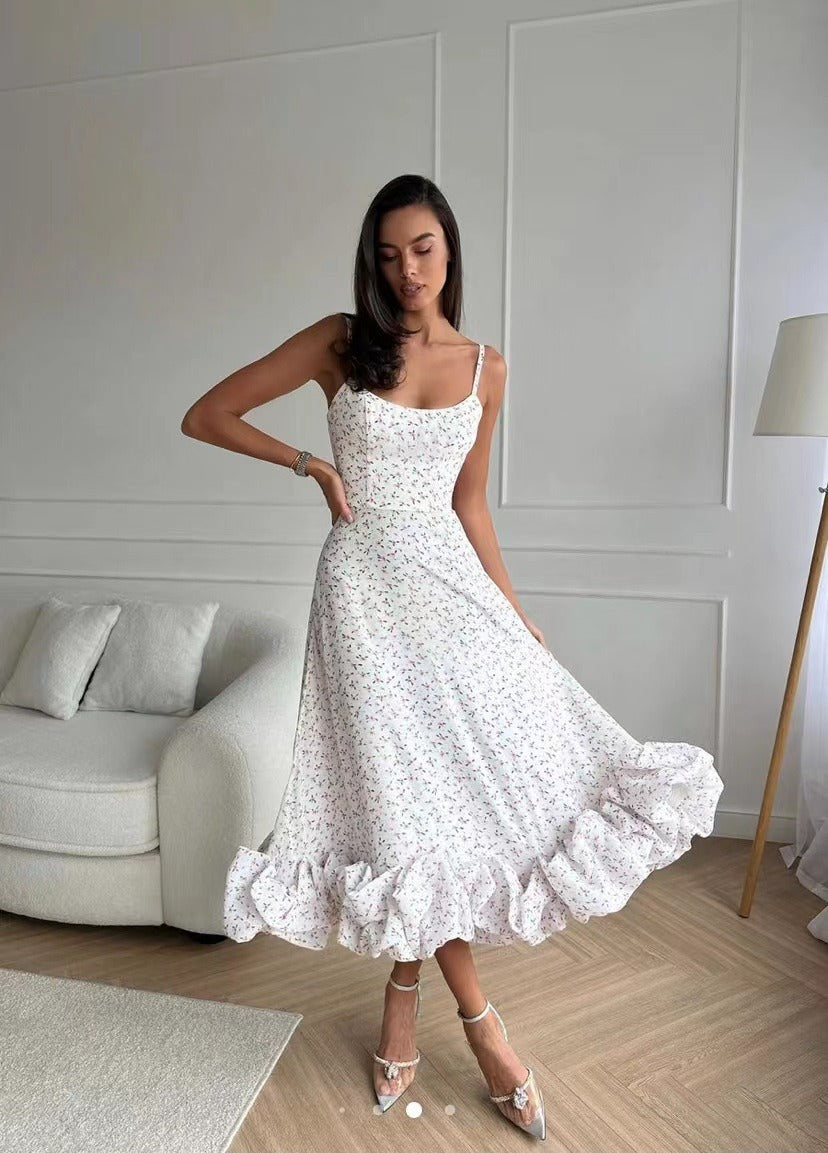 Elegancka Midi Sukienka Wieczorowa z Falbanami