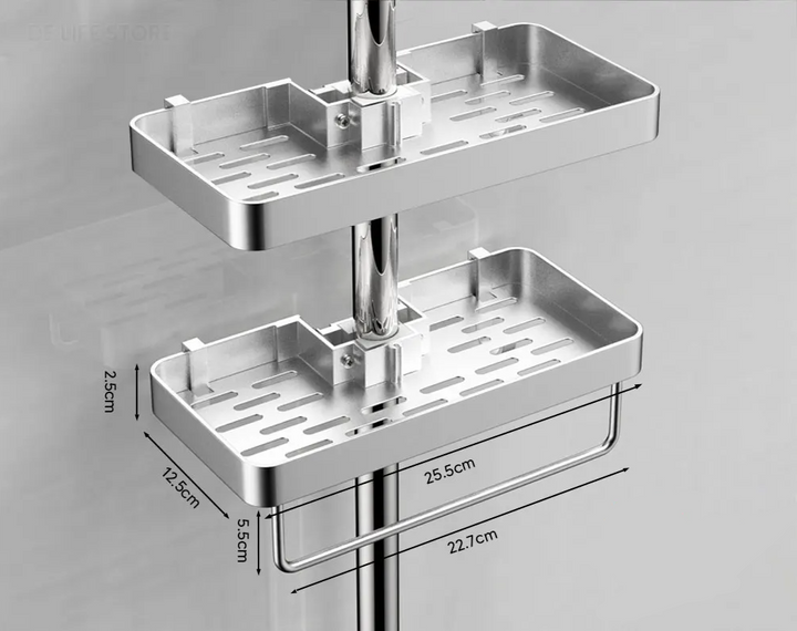 AquaFix półka prysznicowa bez wiercenia – podwójna półka aluminiowa | Z drążkiem na ręczniki | Nierdzewna &amp; oszczędzająca miejsce