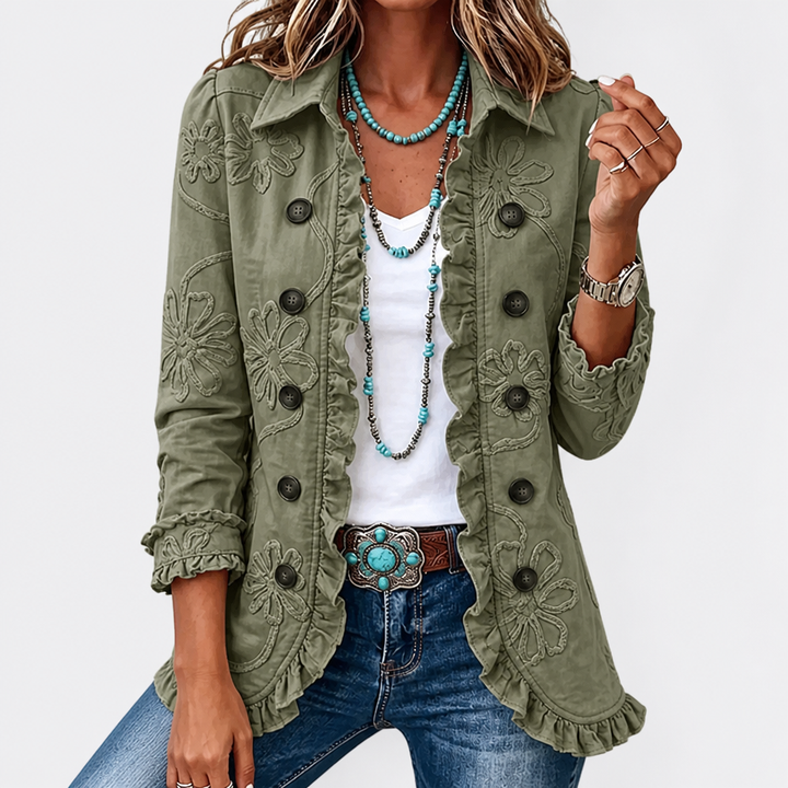 Kurtka utility z haftem kwiatowym – styl vintage boho z falbankami