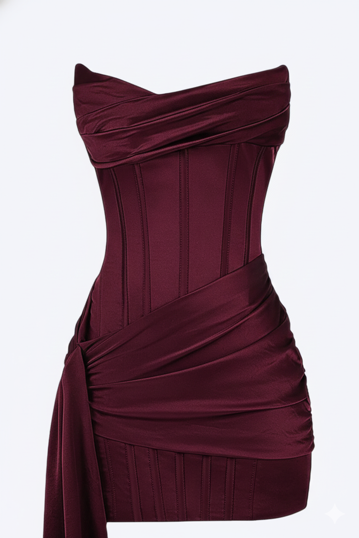 Elegancka krótka sukienka wieczorowa damska - burgundowa
