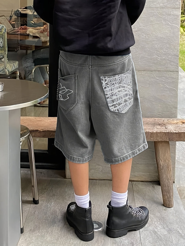 Casualowe bermudy jeansowe – luźny krój z eleganckim kwiatowym haftem