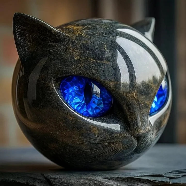 Rzeźba NoirCat – czarna głowa kota z hipnotyzującymi oczami