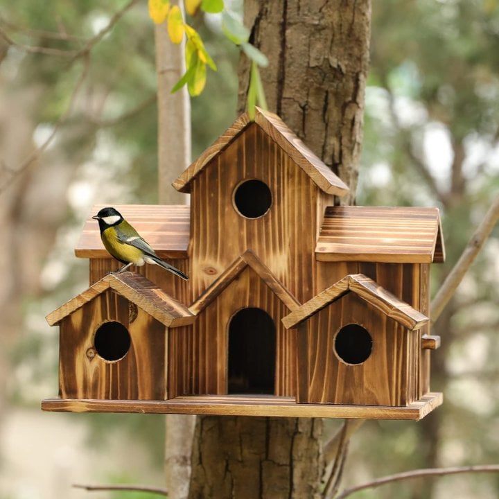 Ręcznie wykonany drewniany domek dla ptaków - 6 otworów - zrównoważony design