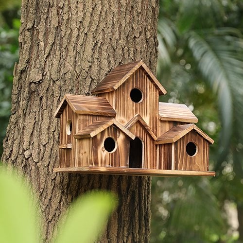 Ręcznie wykonany drewniany domek dla ptaków - 6 otworów - zrównoważony design
