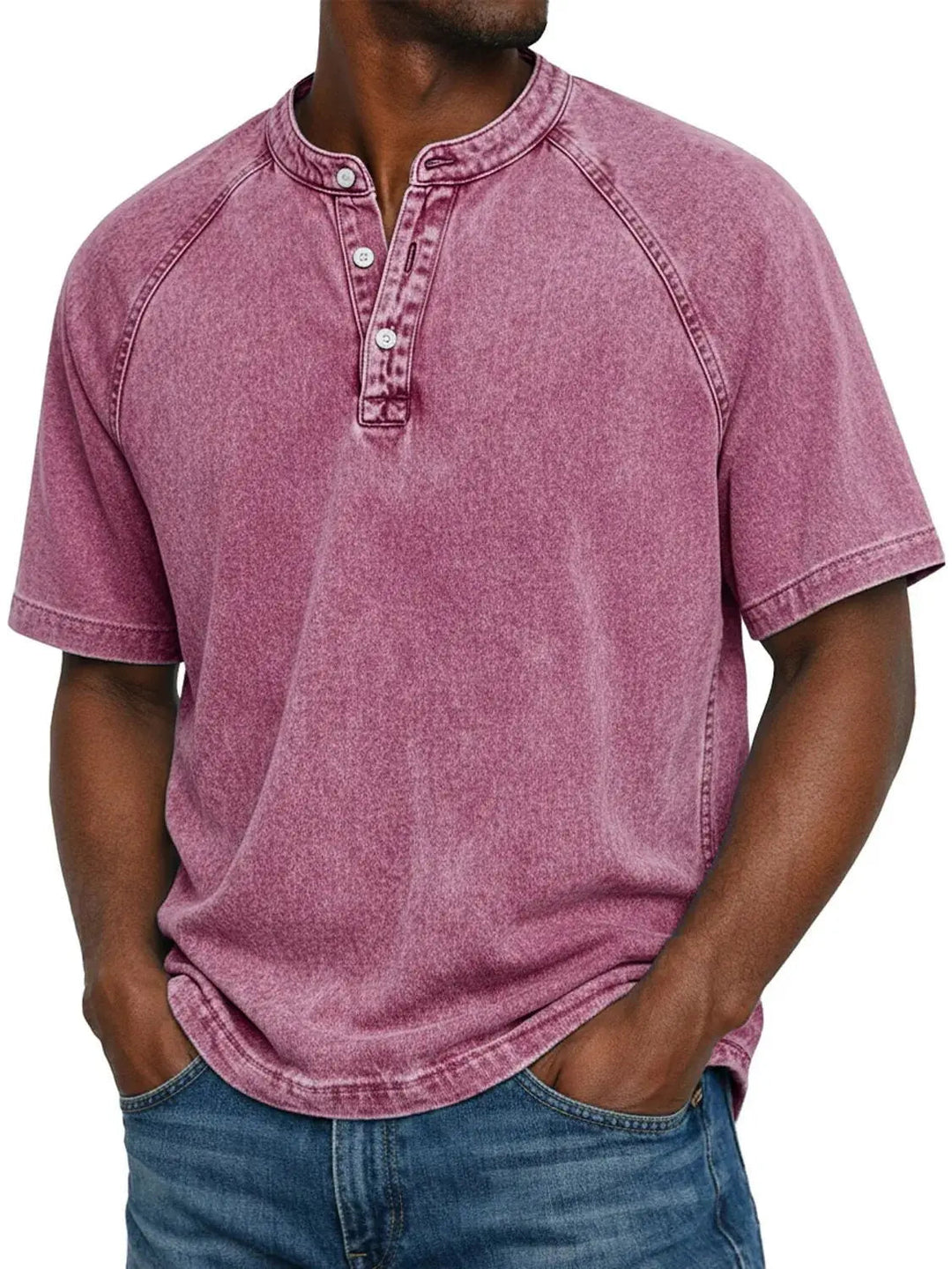 Męski T-shirt z krótkim rękawem na co dzień z rękawami raglanowymi w stylu prany henley