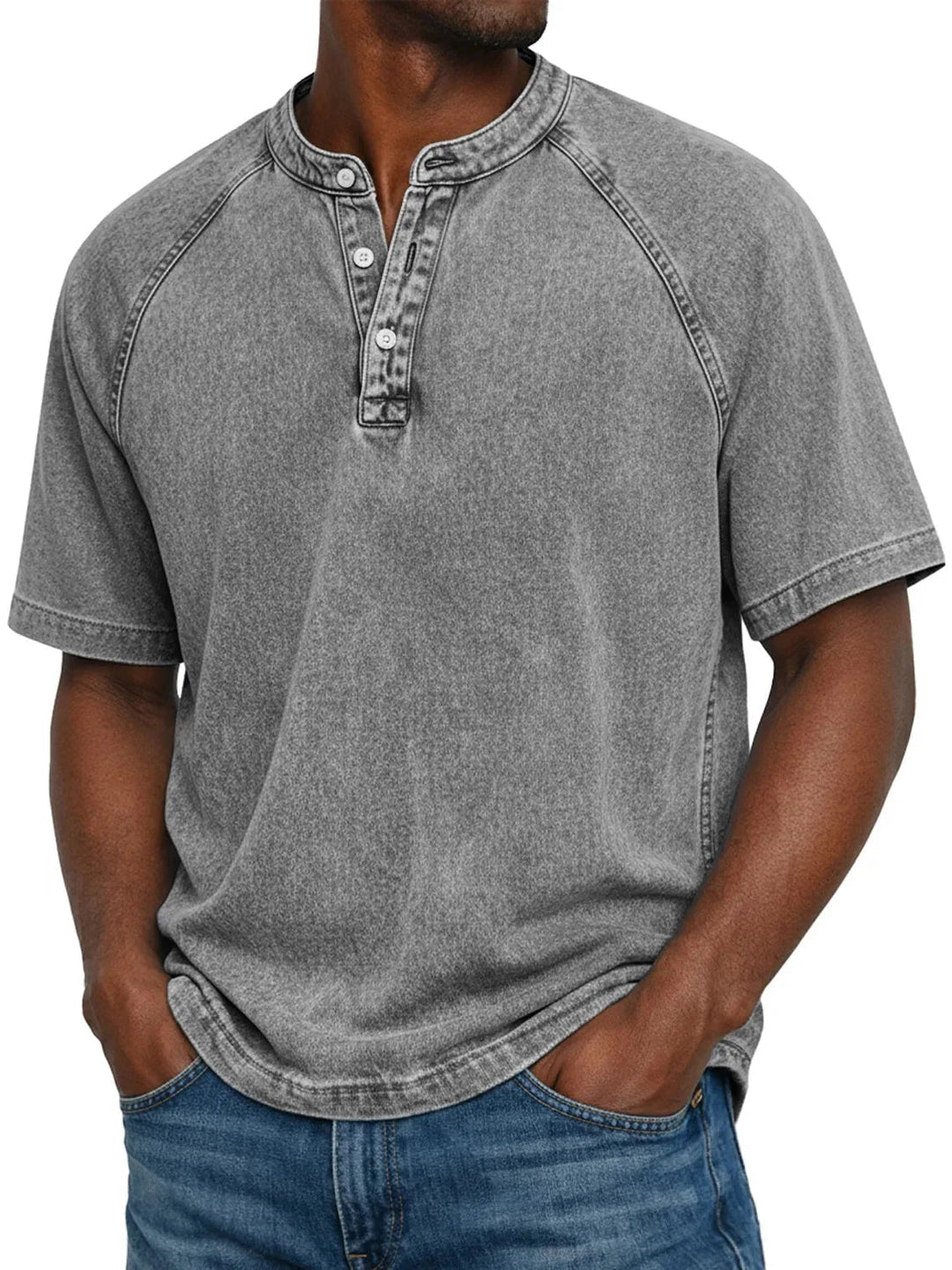 Męski T-shirt z krótkim rękawem na co dzień z rękawami raglanowymi w stylu prany henley
