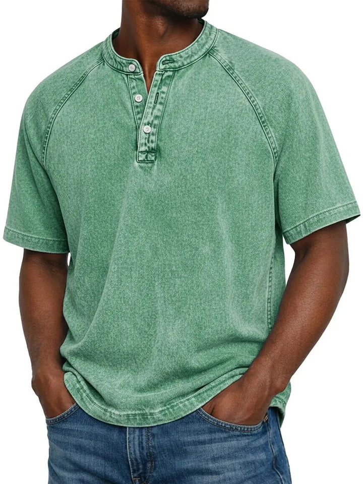 Męski T-shirt z krótkim rękawem na co dzień z rękawami raglanowymi w stylu prany henley