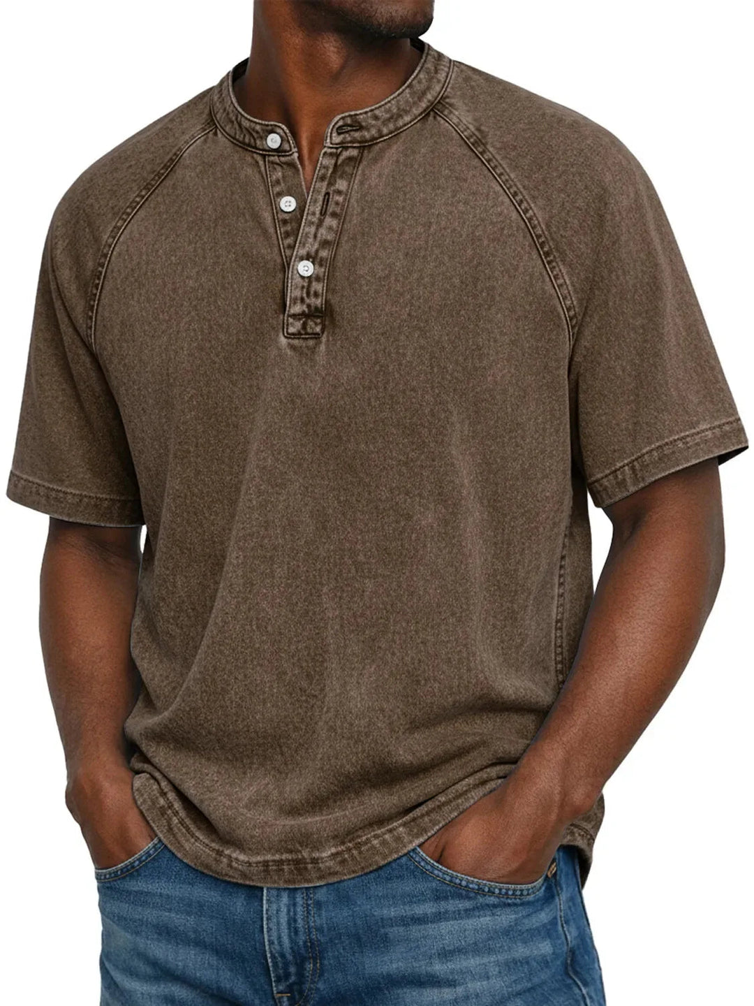 Męski T-shirt z krótkim rękawem na co dzień z rękawami raglanowymi w stylu prany henley