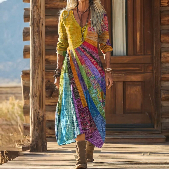 Kolorowa Patchworkowa Sukienka Maxi Boho