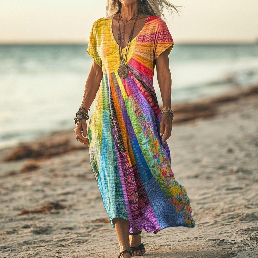 Kolorowa Patchworkowa Sukienka Maxi Boho