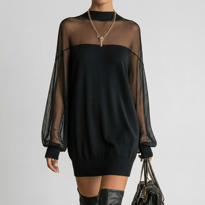 Sheer Overlay Sweater Dress – Czarna mini sukienka z warstwą siateczki