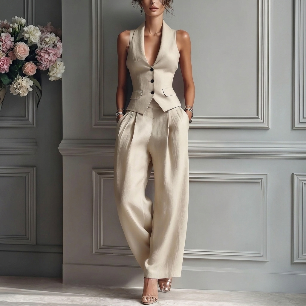 Damski komplet z bezrękawnikiem i spodniami w eleganckim stylu