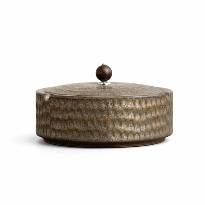 Ręcznie robiona ceramiczna popielniczka z drewnianą pokrywką, 12,5 cm